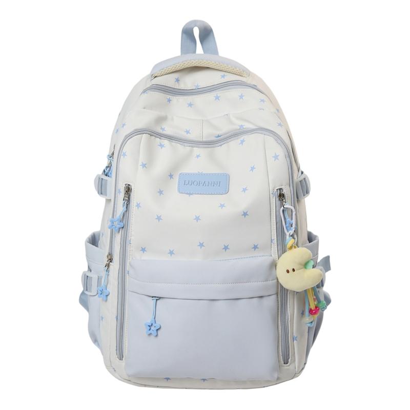 

Color Block Star Print Student Schoolbag Women s Large Capacity College Style Backpack синій