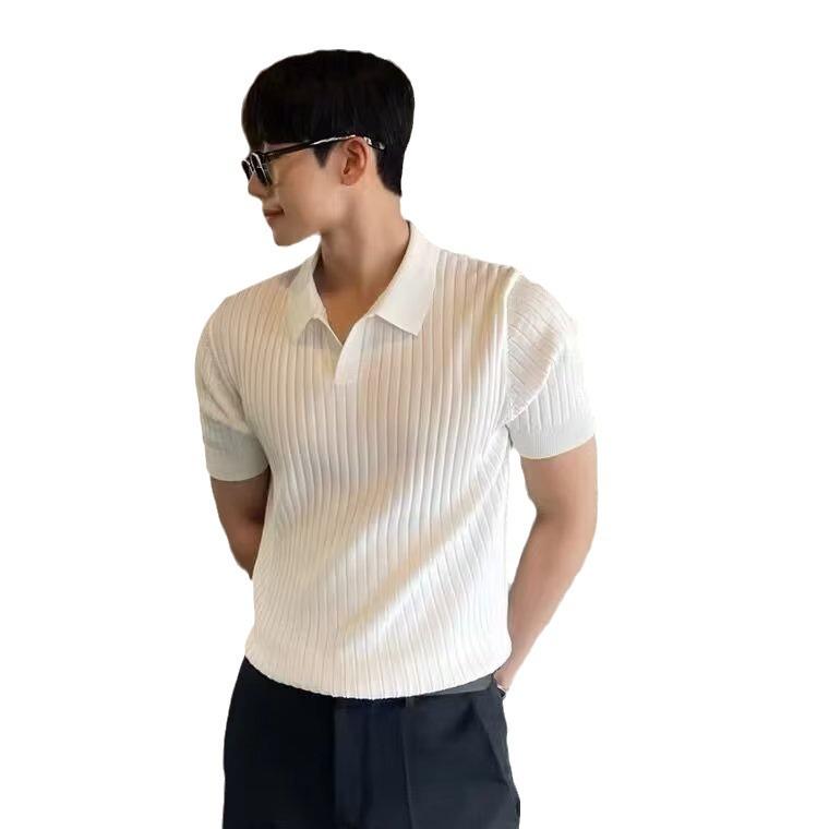 Men's Summer Slim Fit Polo Shirt - Korean Style, Turn-Down Collar, Solid Color, Casual Thin Knit