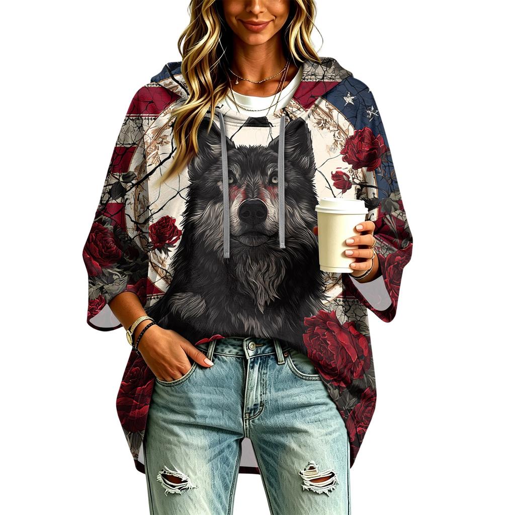 Women's Halloween Print Hooded Pullover Top with 3/4 Sleeves