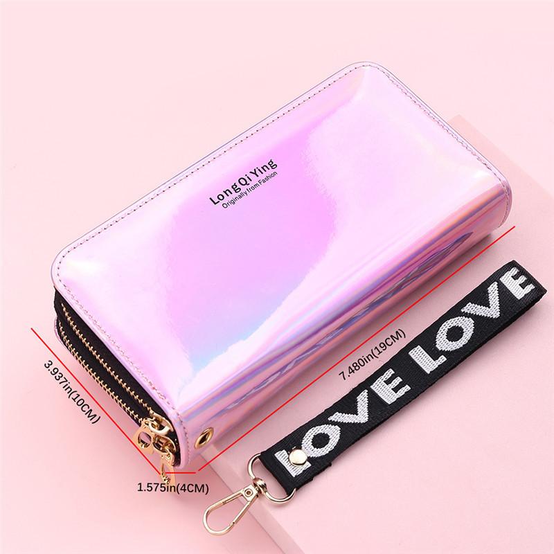 Portefeuille Long Double Fermeture Éclair pour Femme Pochette Monnaie Laser Cuir PU Souple Grande Capacité Porte-Cartes de Visite Arrivage