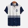 Summer Casual Men Shirts, Navy White Marine Element Fabric Texture Print, Multiple Stitching Design Loose Breathable Open Front Shirts