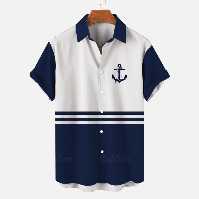 Summer Casual Men Shirts, Navy White Marine Element Fabric Texture Print, Multiple Stitching Design Loose Breathable Open Front Shirts