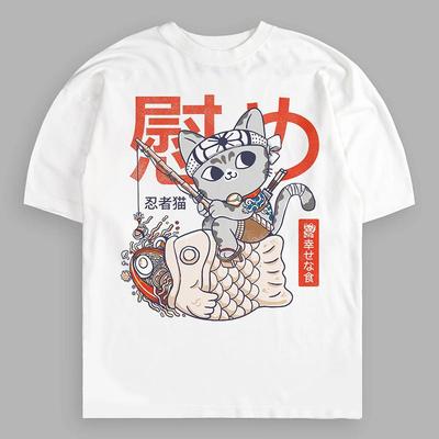 Japoński Uroczy Kot Oddychający 100% Bawełna Krótki Rękaw Białe Koszulki Oversize T-shirt