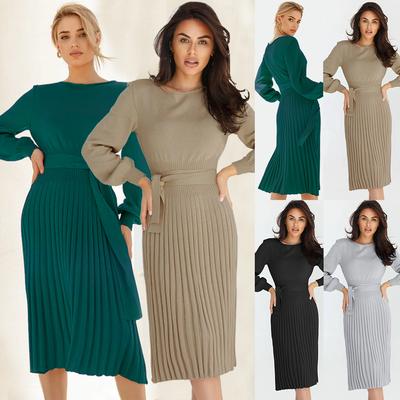 Frauen Elegante Lange-Ärmeln Gestrickte Kleid Neue Frühling Herbst Mode Rock Dame Casual Slim-fit Hochwertige Einfarbig Pullover falten rock