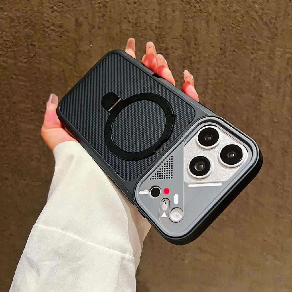 Magnetic Stand Carbon Fiber iPhone 17 Pro Max Case - Frosted Drop-proof Protection with Electric Pattern
