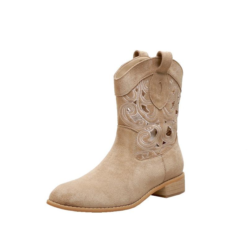 

Версия из коровьей кожи, Spice Girl острый носок полая вышивка средняя голень толстый каблук ковбойские сапоги женские кожаные короткие сапоги новинка осень-зима 40