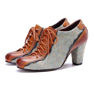 Chaussures à talons hauts à lacets à la mode rétro en cuir véritable patchwork pour femmes