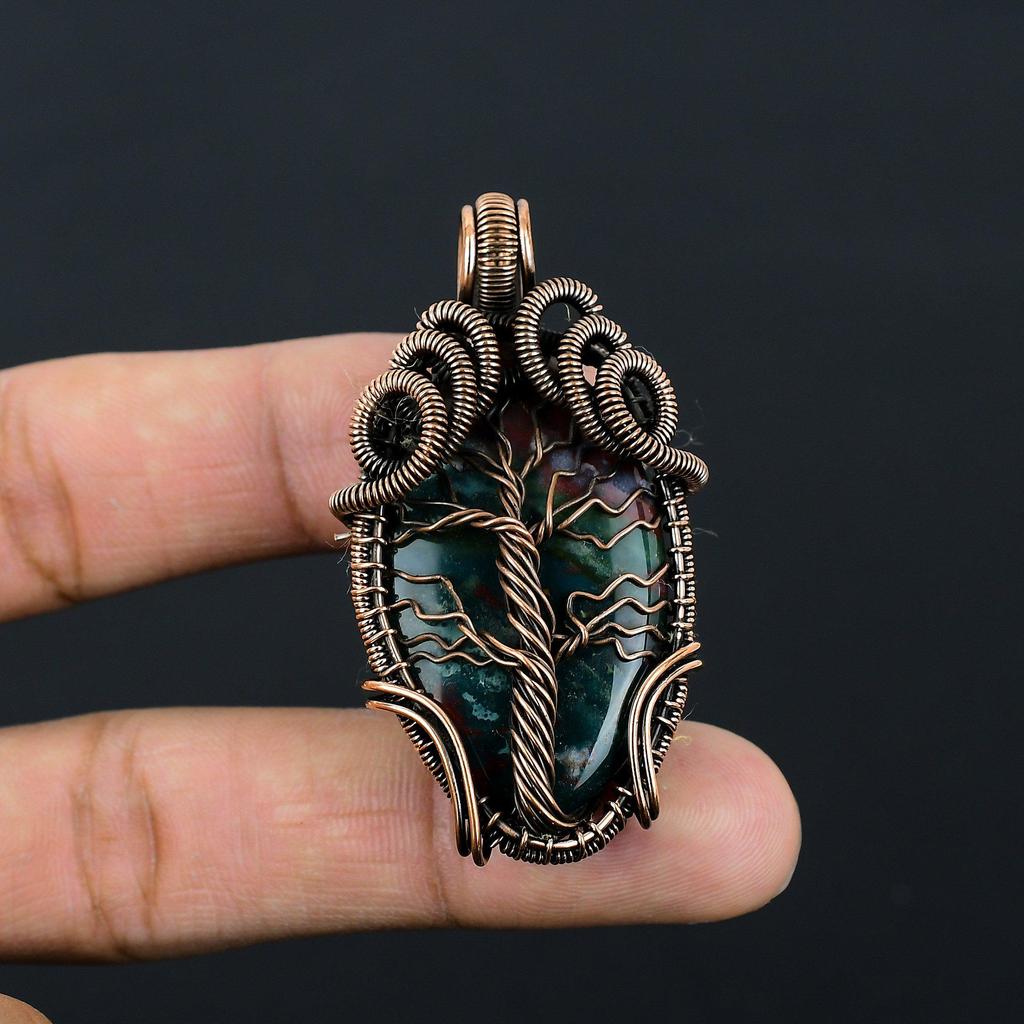 Elegant Indian Moss Agate Gemstone Pure Copper Wire Wrapped Handmade Pendant Jewelry