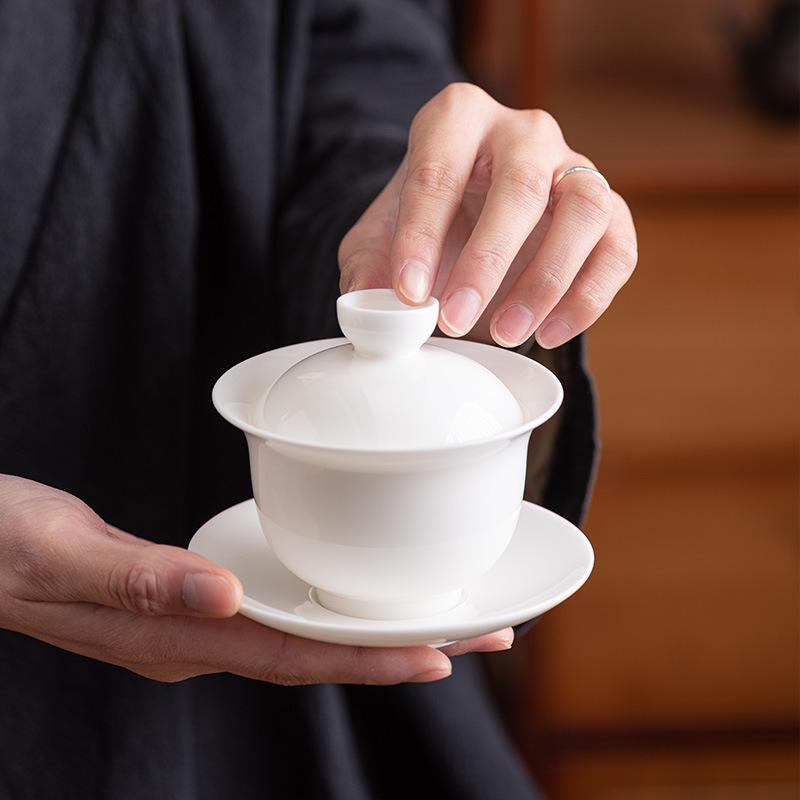 Light luxury suet jade cover bowl White porcelain tea bowl with cover Large Kung Fu household tea set Tea enterprise Sancai bowl