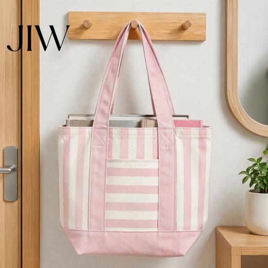 Durable Canvas Bag Striped Tote Bag, Stylish Reusable Grocery with Shoulder Strap Front Pocket, for Shopping Picnic Commuting Large