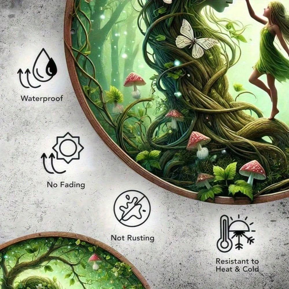 Metal Wall Art Poster with Holes, Fantasy Fairies Butterflies Mushrooms for Living Room