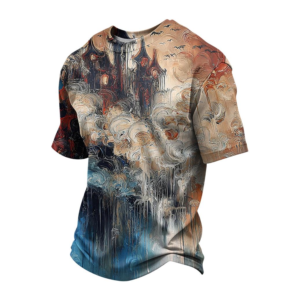 Men's Casual Printed Crew Neck Lightweight Breathable Short Sleeve Shirt Halloween Pattern Comfortable Fit