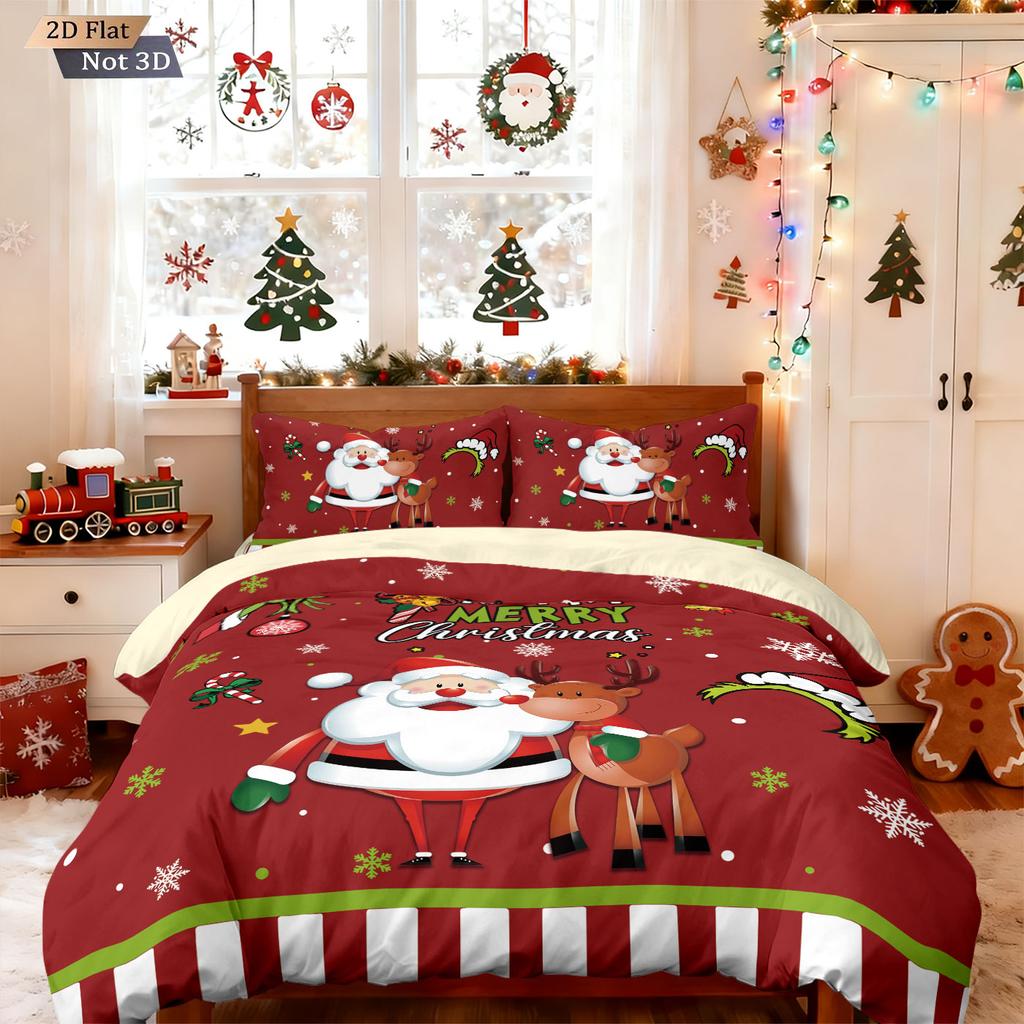 3pcs Merry Christmas Santa Claus Gold Printed Quilt Set Multi Size Dormitory Bedding Holiday Decoration Machine Washable
