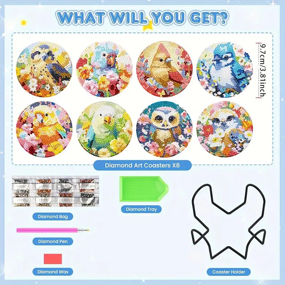 8 Stück/Set Untersetzer mit Diamantmalerei-Papageienmuster, DIY-Untersetzer mit Halter, Geeignet für Anfänger und Erwachsene, Kunst- und Bastelbedarf Geschenke