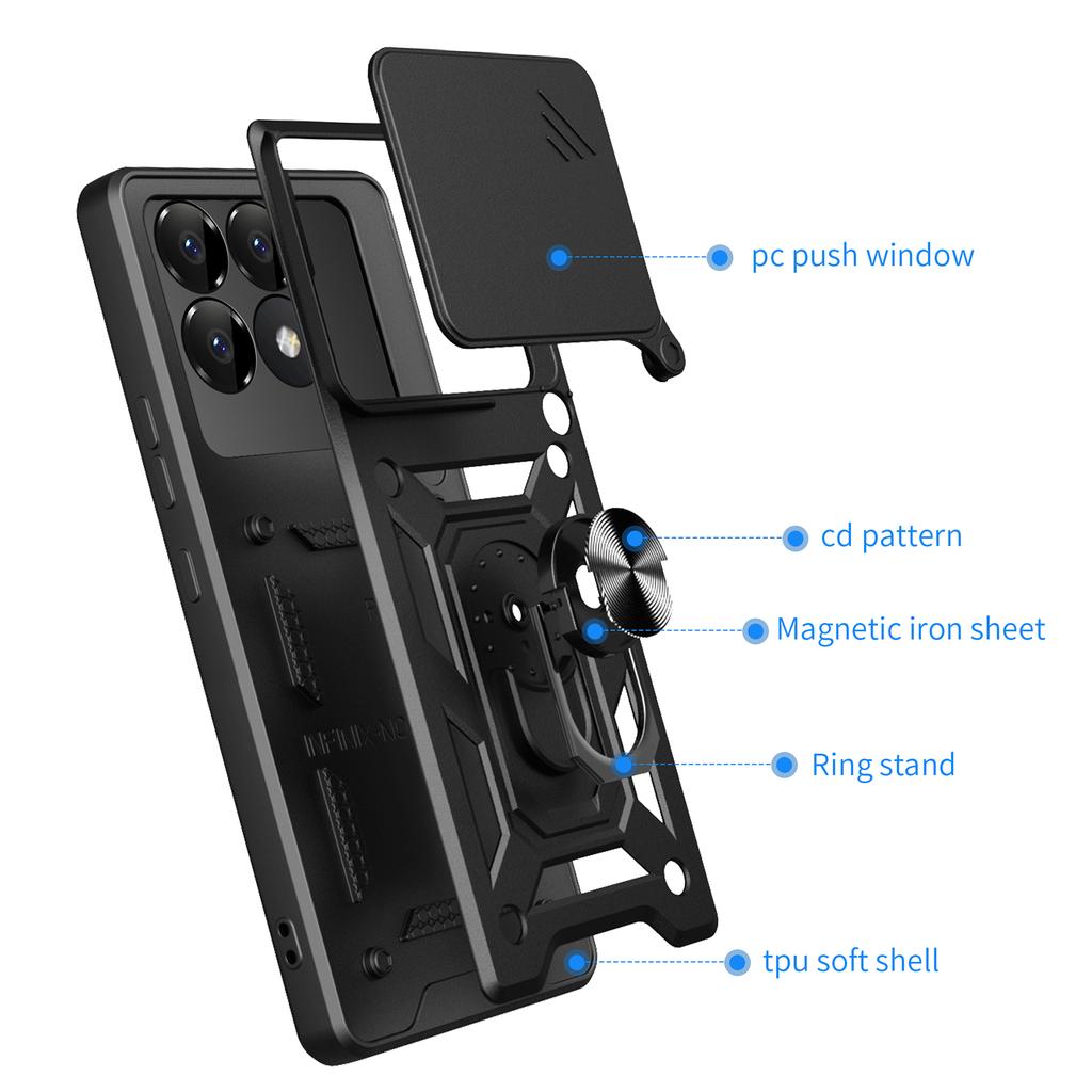 For Xiaomi Poco F6 Pro 5G/Redmi K70 5G/K70 Pro 5G Case PC+TPU Kickstand Phone Shell with Slide Camera Lid