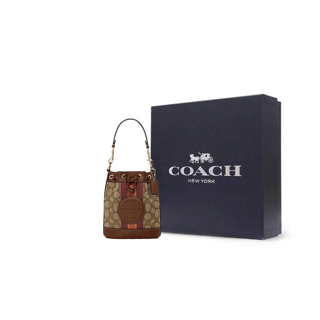 Coach Dempsey 14 Letter Logo Stripe Classic Print Fabric And Leather Bucket Bag Women bags Elephant-Gray Brown C8322-IMVGB