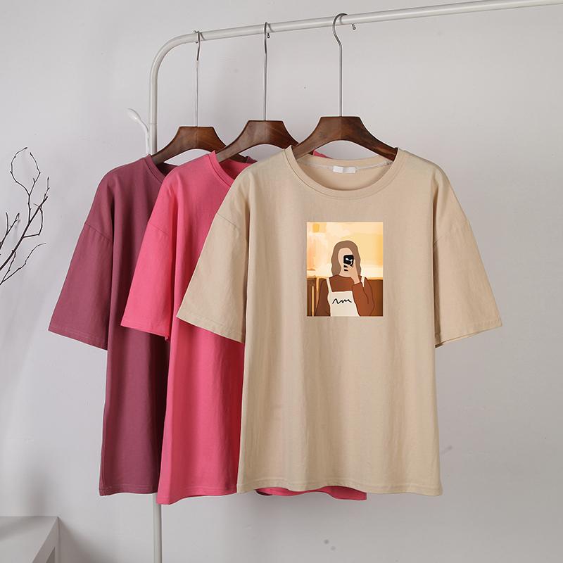 Hirsionsan Koreanska grafiska T-shirts Dam Sommar Casual Lös O-hals Kortärmade T-shirts Kvinnliga vintagetryckta 100 % bomull Toppar