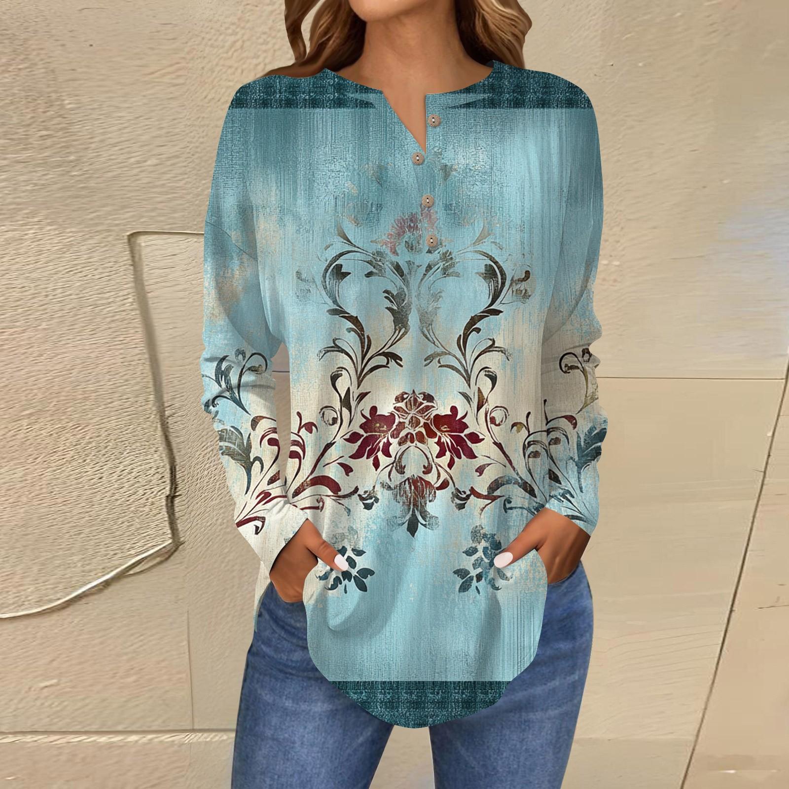 

Модная свободная футболка с длинным рукавом и цветочным принтом на пуговицах, топ-пуловер XXXL