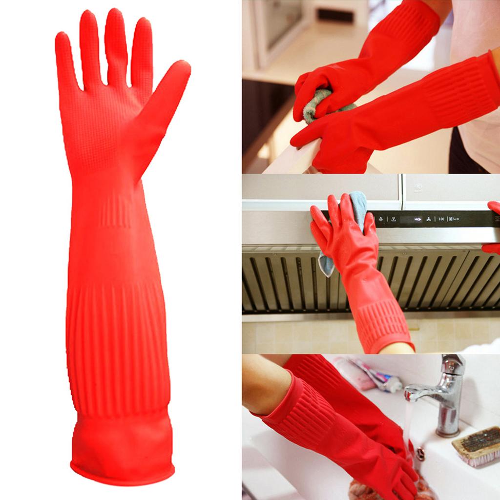 Geschirrspülhandschuhe aus Gummi-Latex, Verdickt, Verlängert, Baumwollfutter, Beständig gegen Starke Säuren, Laugen, Öl