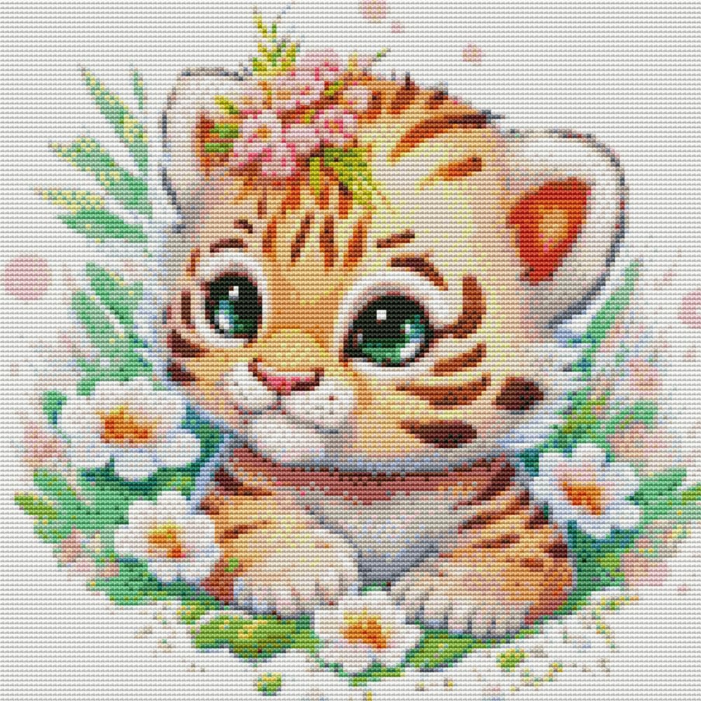 Amiiba Cross Stitch Embroidery Cute Tiger Animal DIY Wall Art Kit, Pre-Printed Pattern, 11ct, Print, Decoration, Beginner-Friendly Design.