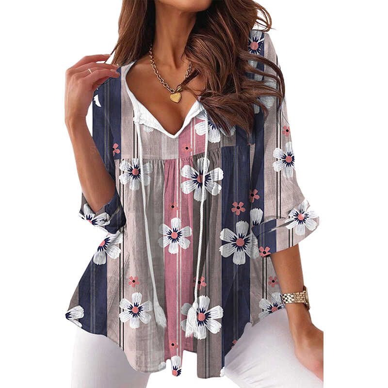 American Shiying Fresh Floral Print Chiffon Shirt Women 2025 Summer New Color Matching V neck pullover