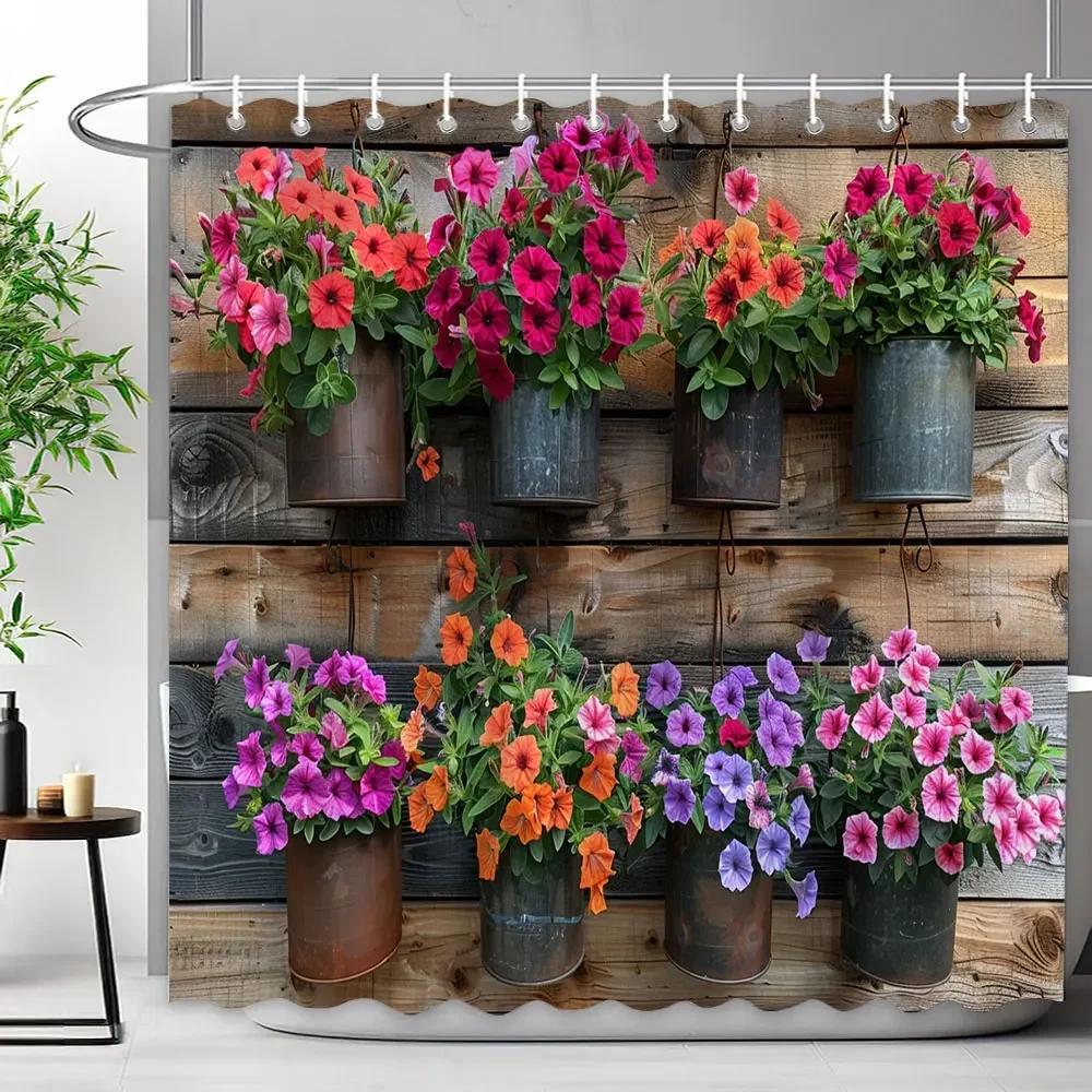 Rustiek Rustiek Houten Paneel Tuinmuur Douchegordijn Groene Plant Blad Omheining Polyester Douchegordijnen Badkamer Decor