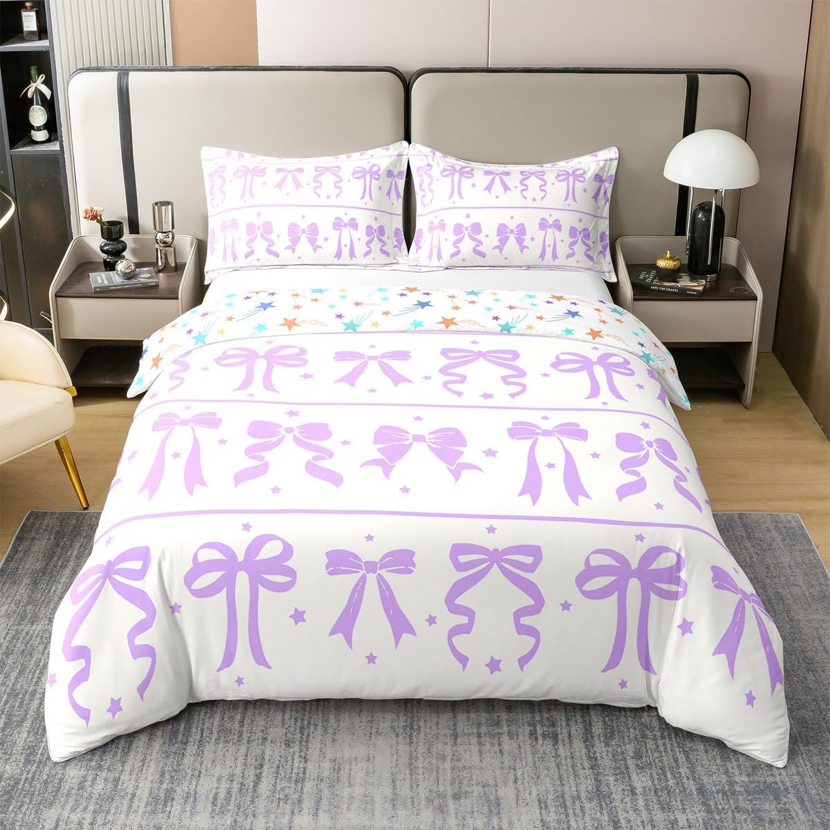

Fairy Bow Duvet Cover Queen King Size Flower Bedding Set Bedroom Floral Quilt Cover Kids Cartoon Bow 3 Pcs With 2 Pillowcases EU Single(135x200cm)