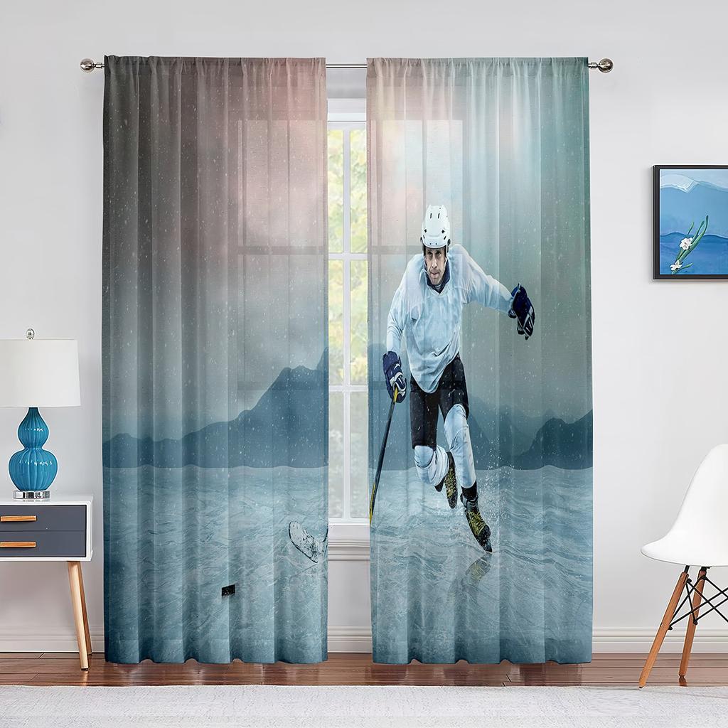 Ice Hockey Sport Player Sheer Voile Curtain Sports Arena Window Chiffon Tulle Curtains for Living Room Bedroom Decoration Drapes