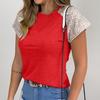 Exquisit Women's Casual Round Neck Top Personalized Beads Splicing Short Sleeve Top T-shirt