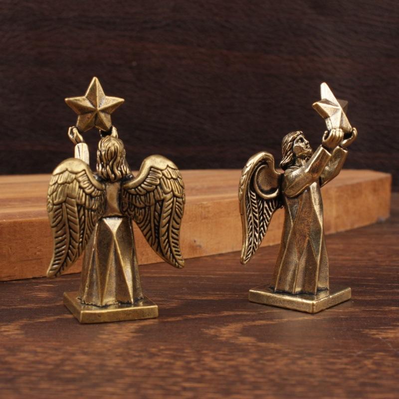 1/2Pcs Small Brass Angel Statue Vintage Metal Finish Star Holding Design For Home Desktop Shelf Decor Holiday Gifts