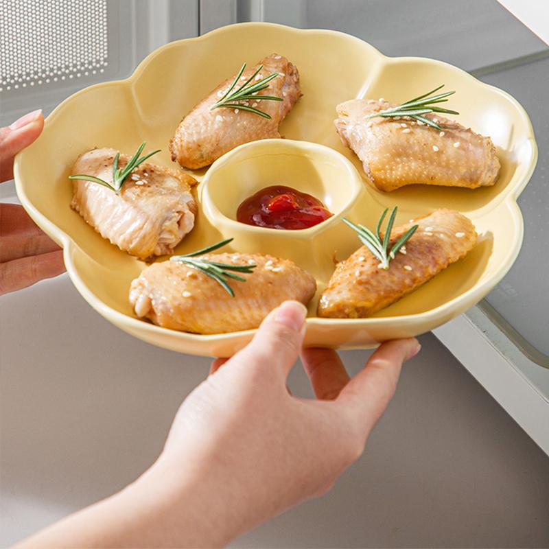 Ceramic Dividing Dumpling Plates New Household 8.5 Inch Flower Shape Kitchen Tableware with Sauce Dish Underglazed Colour Plate