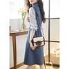 Casual Denim Dress Spring Simple Elegant Collar Contrast Stitching Drawstring Waist