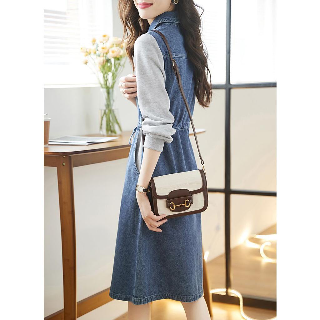 Casual Denim Dress Spring Simple Elegant Collar Contrast Stitching Drawstring Waist