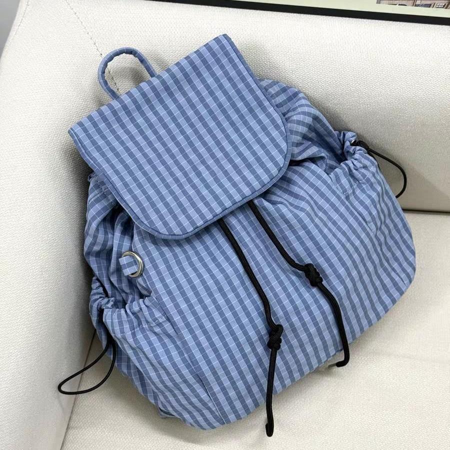 Korean Plaid Drawstring Backpack, New Large-capacity Student Commuting Versatile Backpack, Niche Lightweight Nylon Schoolbag