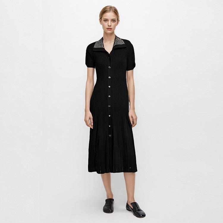 S Home High-end French Elegant Lady Black Lapel Short Sleeve Single-breasted Hot Diamond Skinny Long Knitted Dress