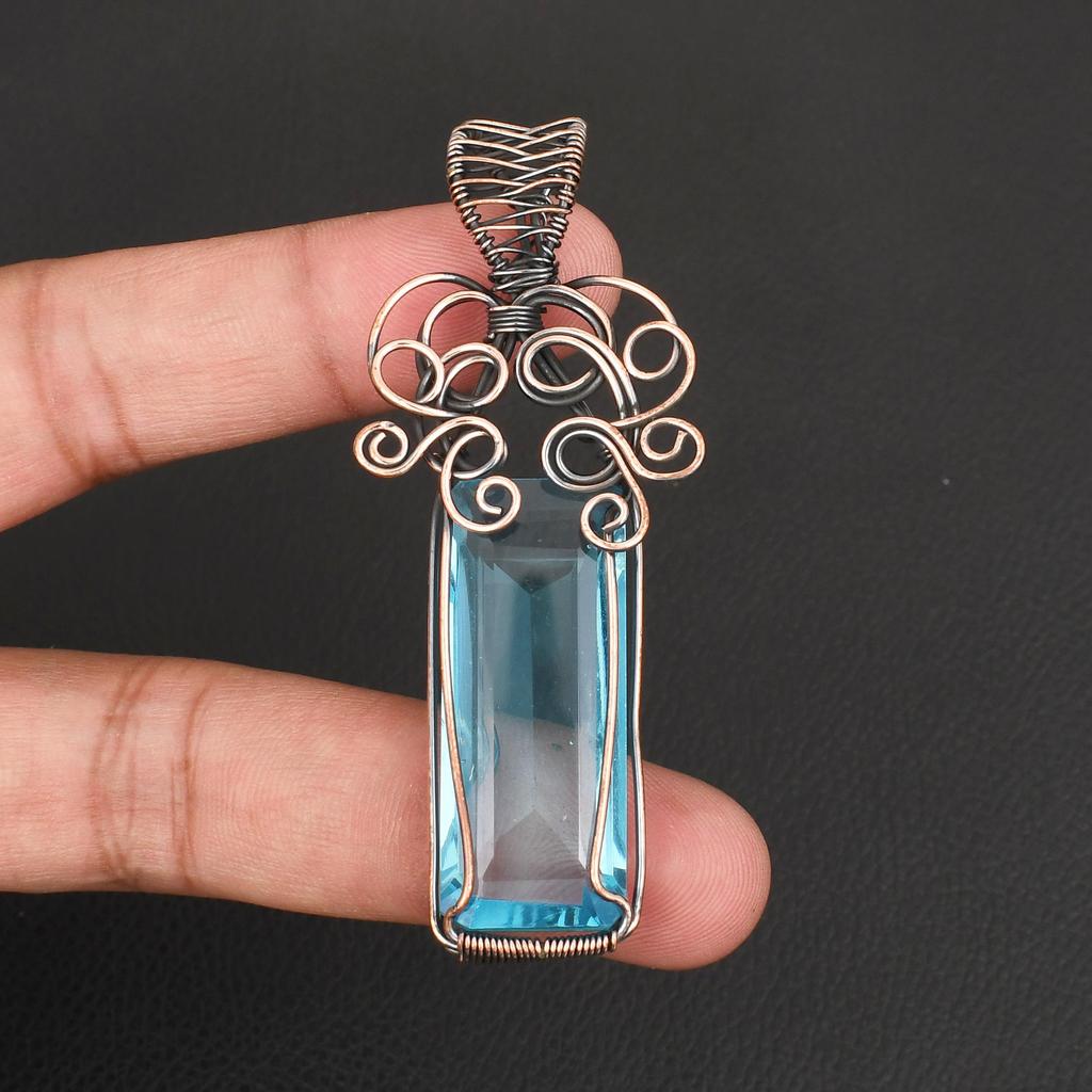 Blue Topaz GemStone Pendant Rectangular Copper Wire Wrap Jewelry Vintage Style Copper Pendant