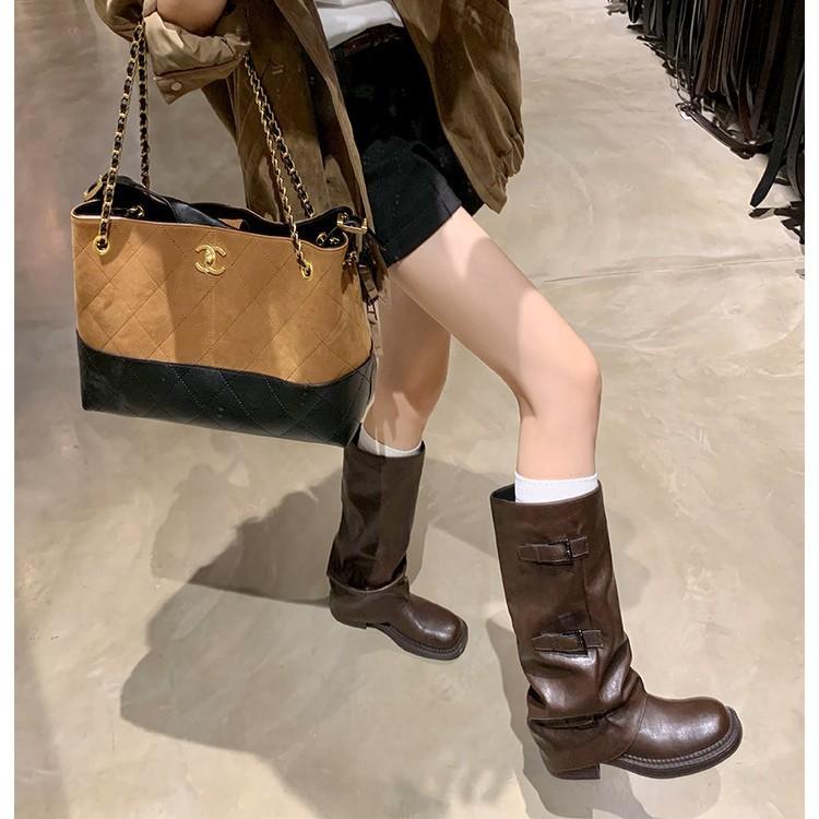 Su Yinyin has the same round head versatile Spice Girl trouser tube boots, thick sole heightening belt mouth, medium tube, western boots, stacked sh