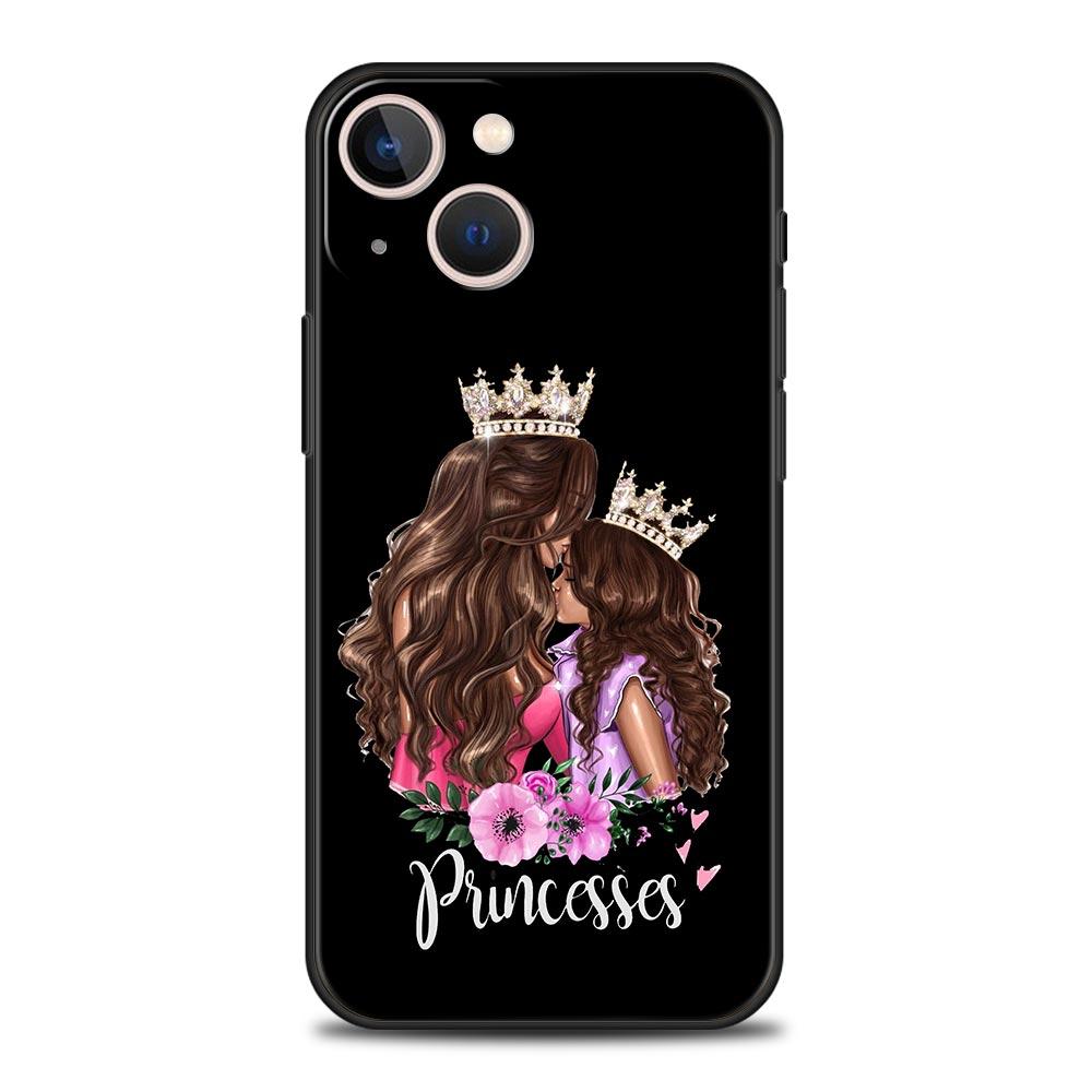 Schwarz Braun Haar Baby Mama Mädchen Sohn Telefon Fall Für iPhone 13 15 14 12 Mini 11 Pro MAX XR X SE XS 7 8 Plus Silikon Schwarz Abdeckung
