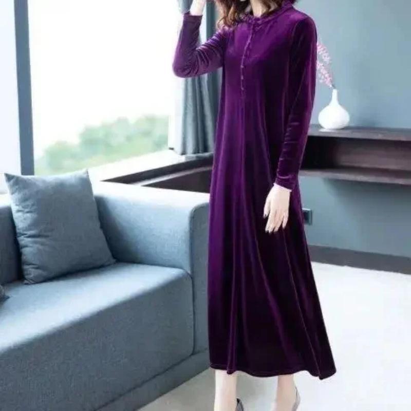 Plus Size Elegant Golden Velvet Knee-Length Dress for Women - Spring & Autumn Style