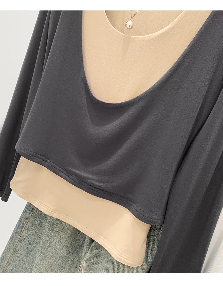 Women's Two-Tone Long-Sleeve Layered T-Shirt: 2026 Autumn/Winter Style, Versatile Inner or Outerwear