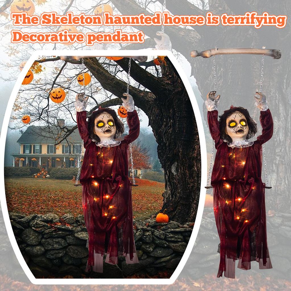 Wine Red Swing Girl Halloween Hanging Swing Chain Hanging Voice-controlled Luminous Haunted House Horror Decoration Pendant Props