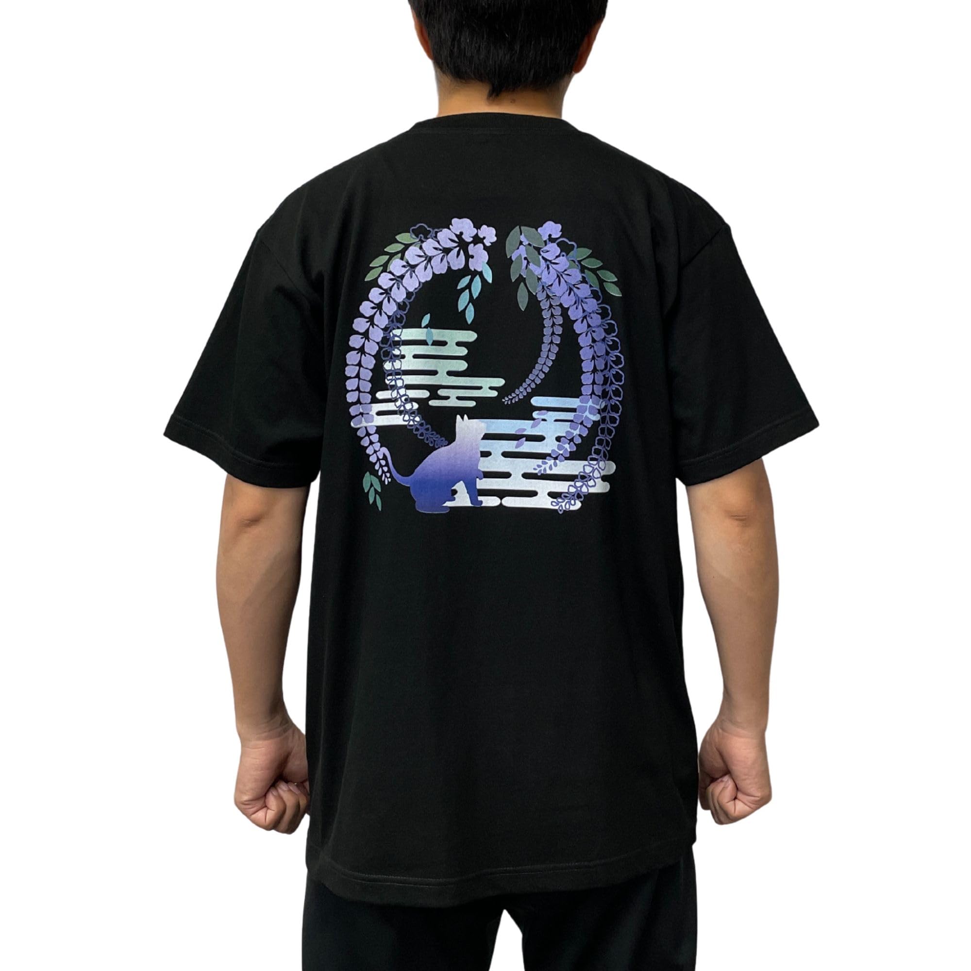

Edoten T-Shirt, 7.4 oz. Super Heavyweight, Textile Print, Cat and Wisteria, Black (Back Print), Size LL