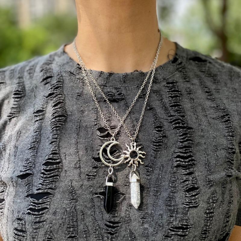2 szt. Naszyjnik dla par w stylu retro Słońce Księżyc Kryształ Kolumna Sześciokątna z Kamienia Naturalnego Biżuteria dla Par