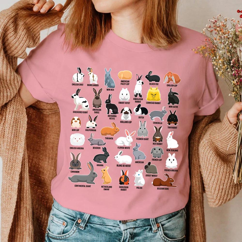 Kawaii Kaninchen Sommer Damen T-Shirt Arten von Kaninchen Aufdruck Oberteile Kurzärmelig Lässig Damen T-Shirts Rundhals Persönlichkeit Kleidung