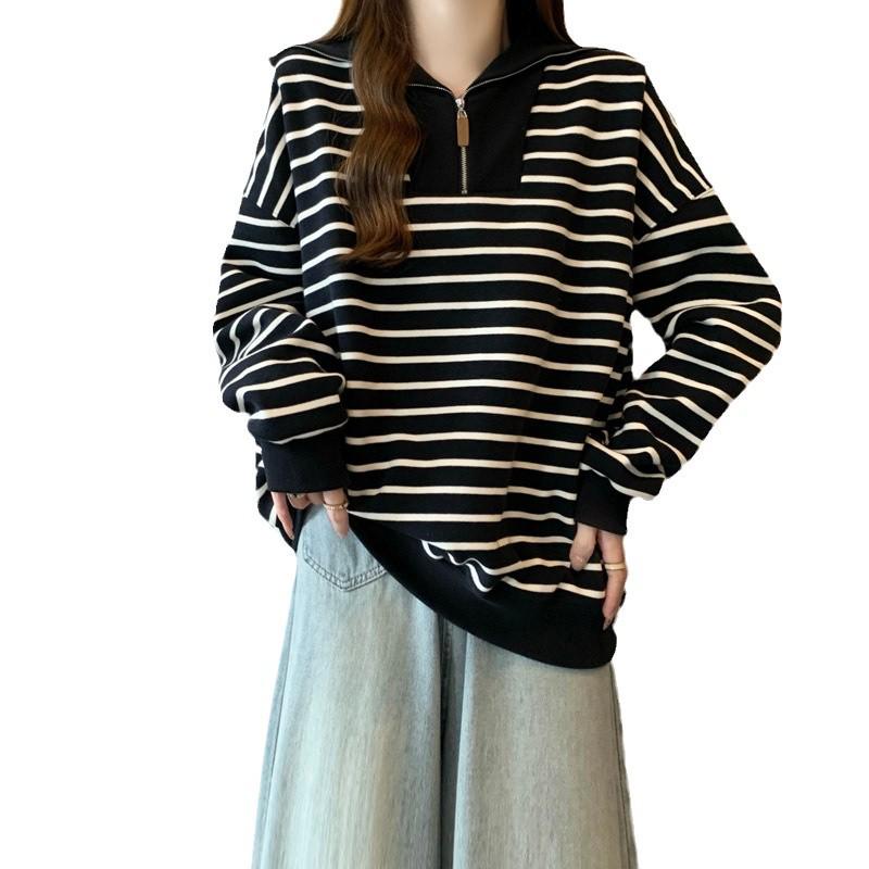 Women's Half-Zip Polo Collar Striped Sweatshirt - Autumn/Winter, Plus Velvet, Korean-Style, Versatile, Loose Fit, Retro Chic, Hong Kong Style.