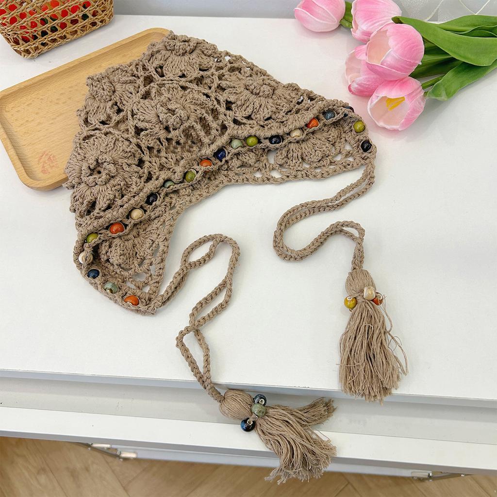 Women's Spring and Summer Retro Ethnic Style Hat Bohemian Flowers Tassel Bag Head Hat Hand Woven Hollow Bag Head Hat