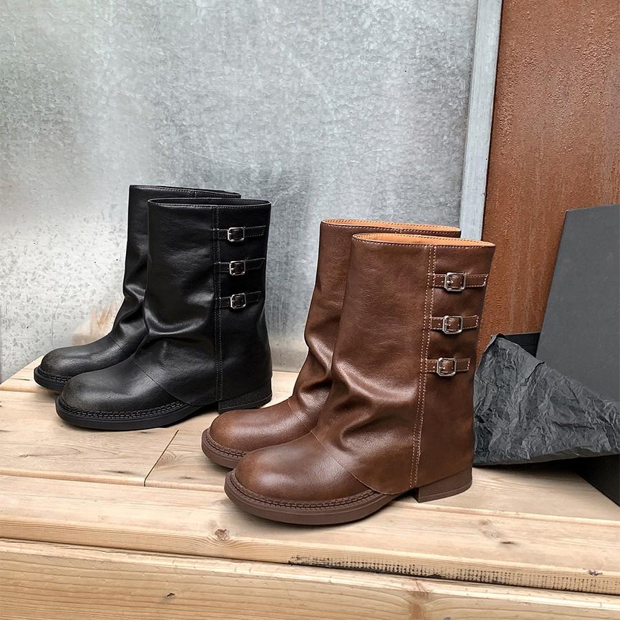 Cowhide Version~ Thick-soled Martin Boots Retro Western Cowboy Boots Metal Buckle Thick Heel Trousers Boots Square Head Short Boots Children