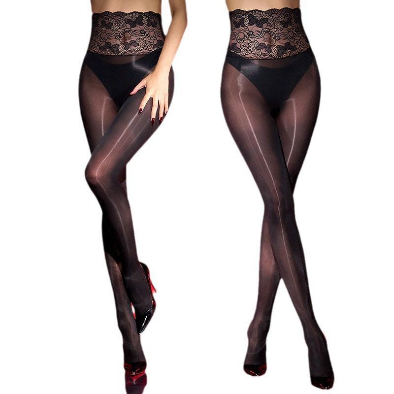 Women Stockings Oil Glossy Seamless Pantyhose Lace High Waist Tight Lingerie Hosiery
