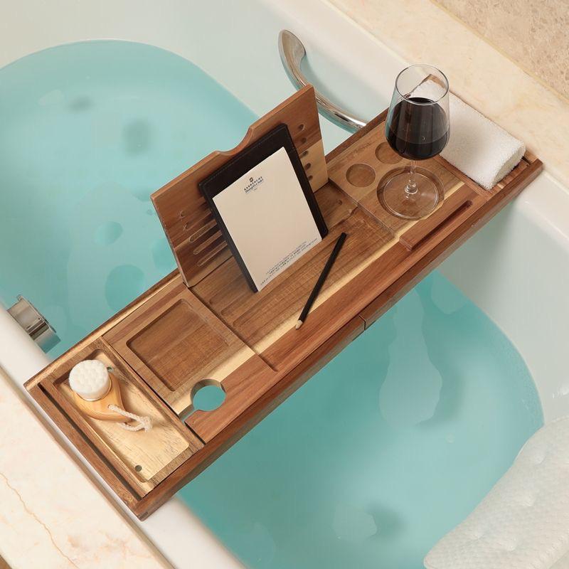 Acacia Wood Luxury Bath Rack: Retractable Holder for Phone, Tablet, and Wine.