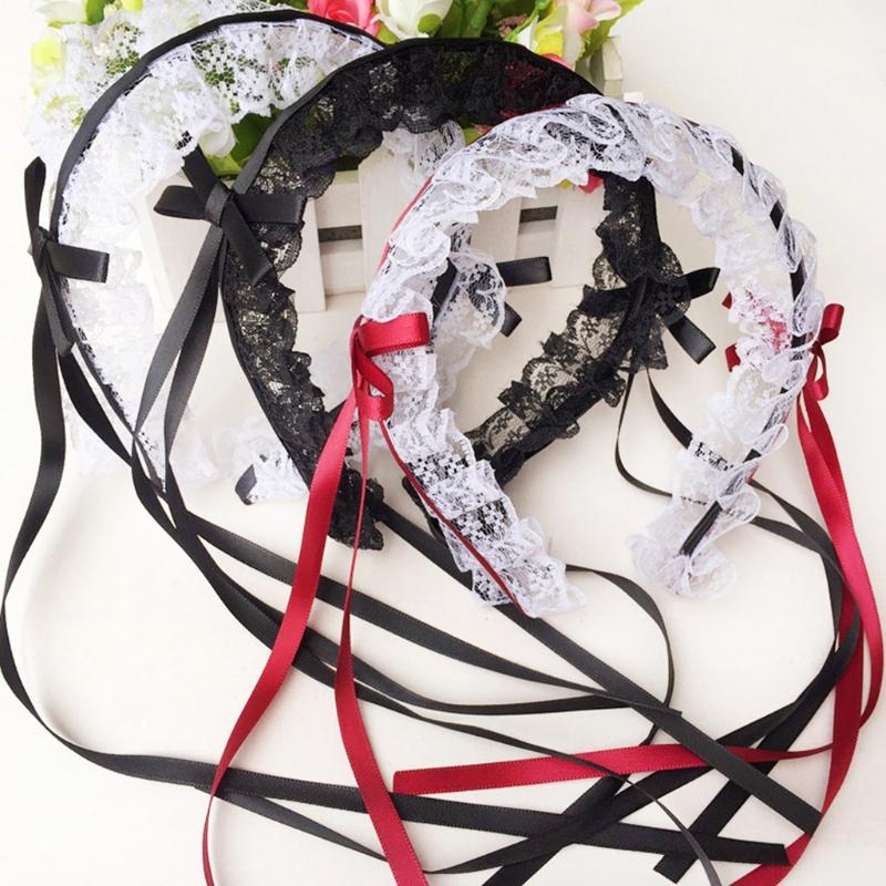 Liebliches Süßes Haarband Anime Maid Cosplay Stirnband Lolita Rüschenspitze Kopfschmuck Handgefertigt Schleife Haarschmuck
